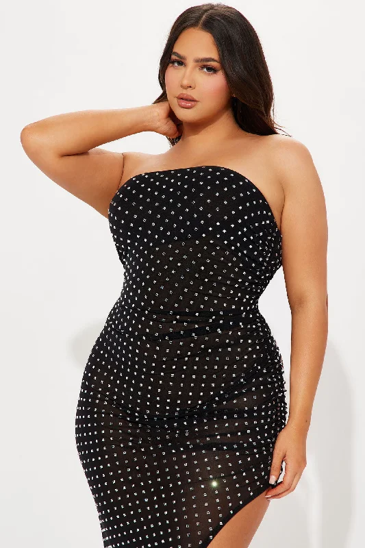 Rhinestone Mesh Maxi Dress - Black