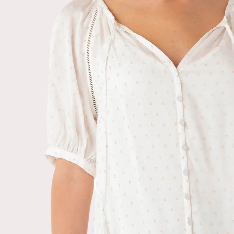 Sheer Clip Dot Short Sleeve Button Down Blouse (Multi)