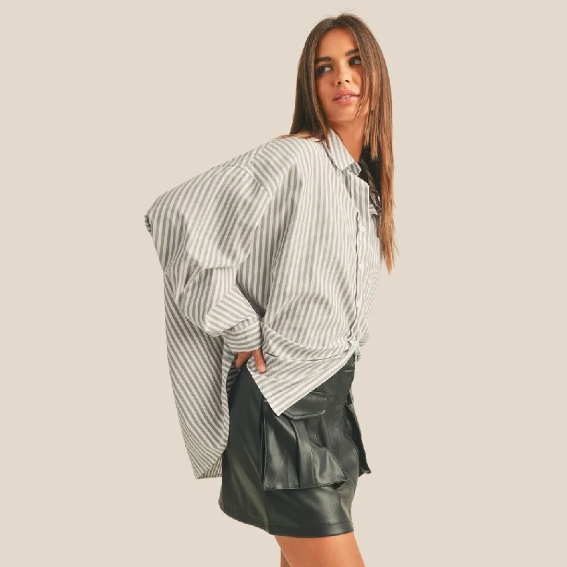 Striped Pattern Button Down Oversized Shirt (Grey)