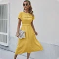 DressBetty - Sweet Solid Dress Women Puff Short Sleeve O Neck High Waist Casual Long Dresses