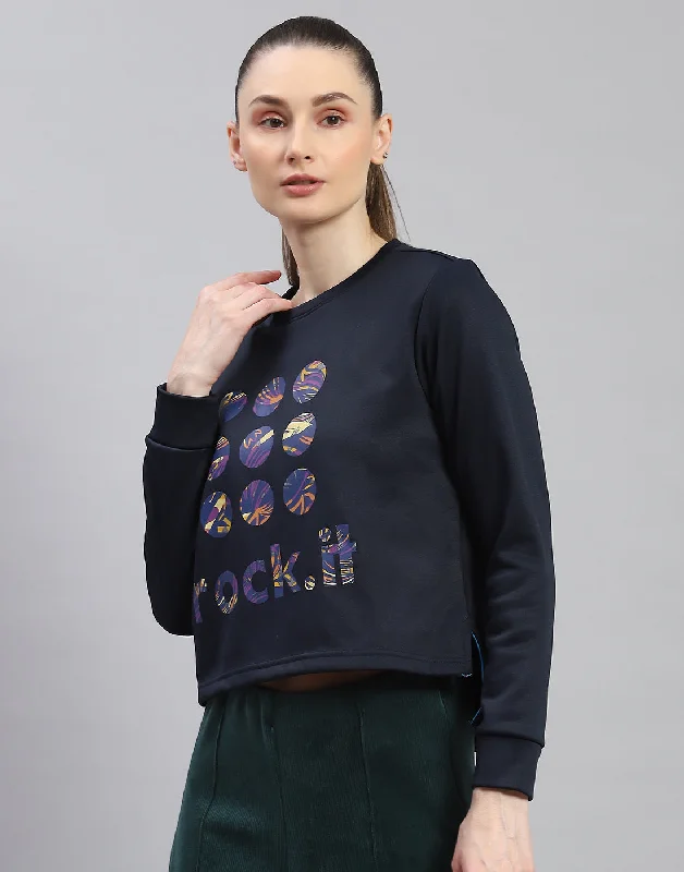 Women Navy Blue Printed Round Neck Full Sleeve Sweatshirt