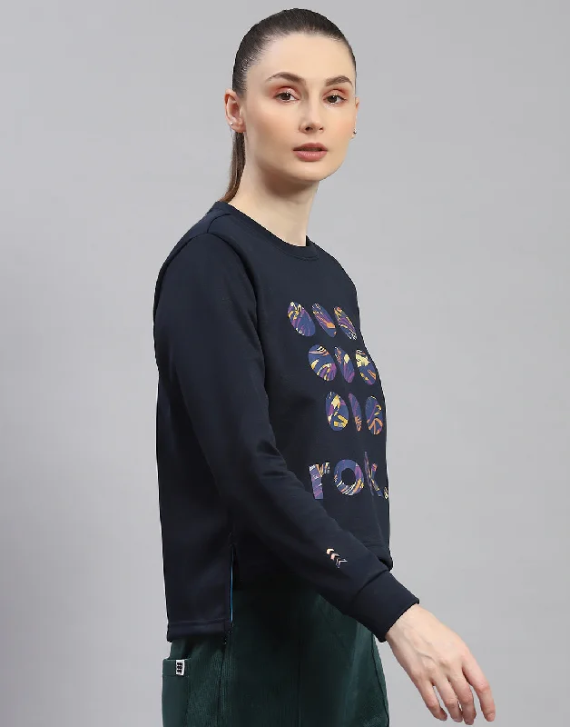 Women Navy Blue Printed Round Neck Full Sleeve Sweatshirt