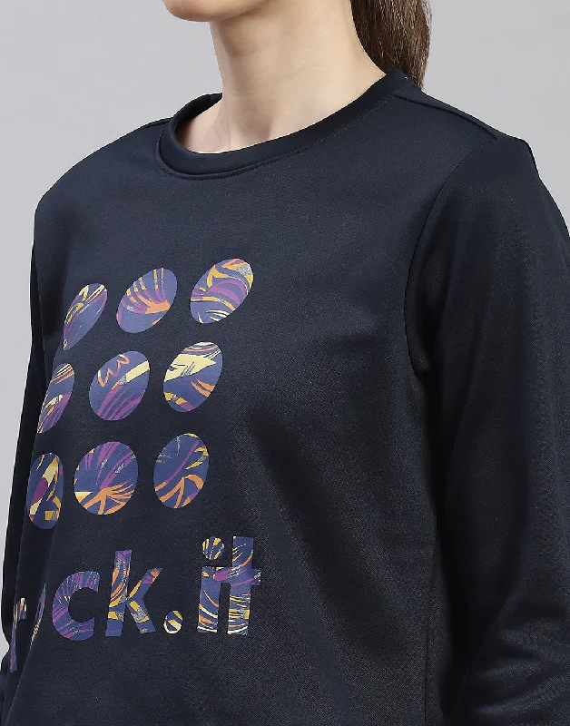 Women Navy Blue Printed Round Neck Full Sleeve Sweatshirt