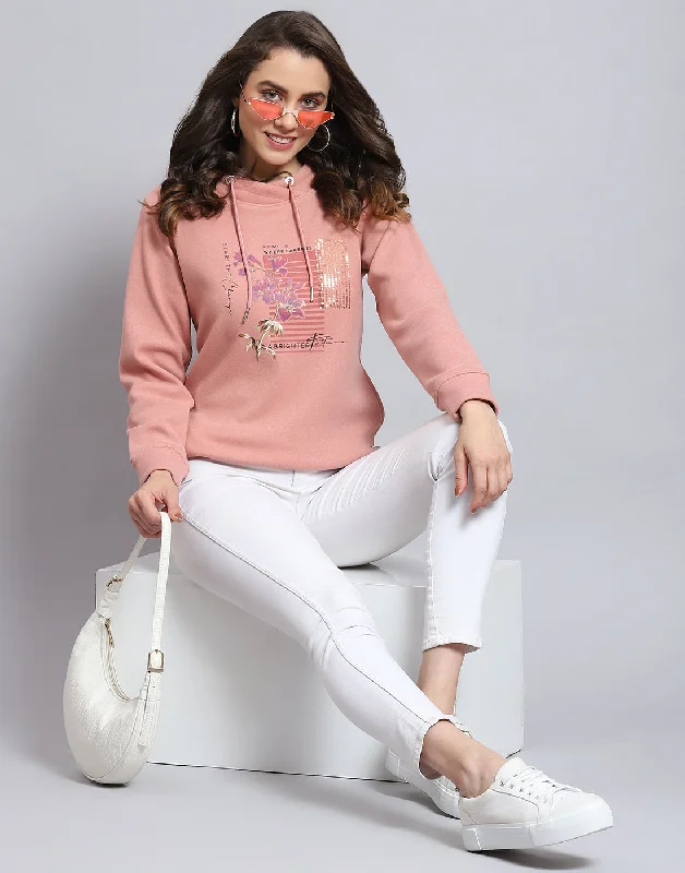 Women Pink Printed Round Neck Full Sleeve Sweatshirt