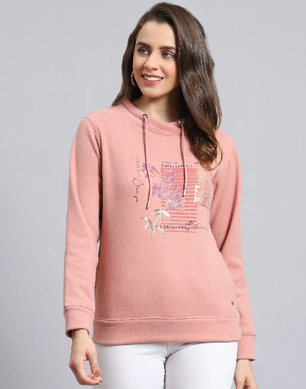 Women Pink Printed Round Neck Full Sleeve Sweatshirt