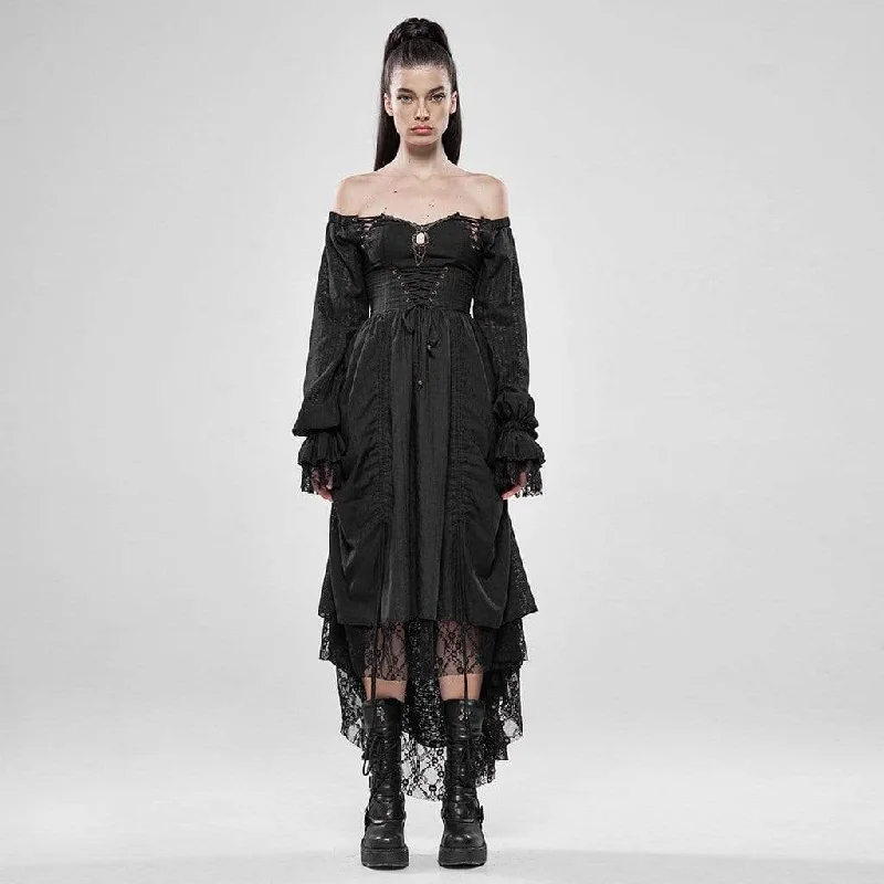 Women's Goth Cold Shoulder Puff Sleeved Little Dresses With Mesh Ruffles