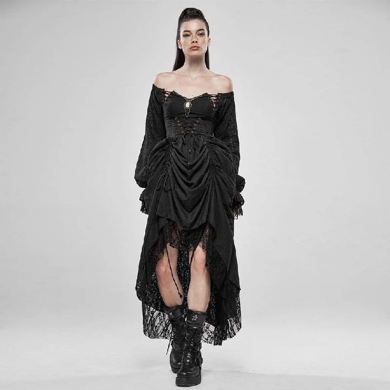 Women's Goth Cold Shoulder Puff Sleeved Little Dresses With Mesh Ruffles