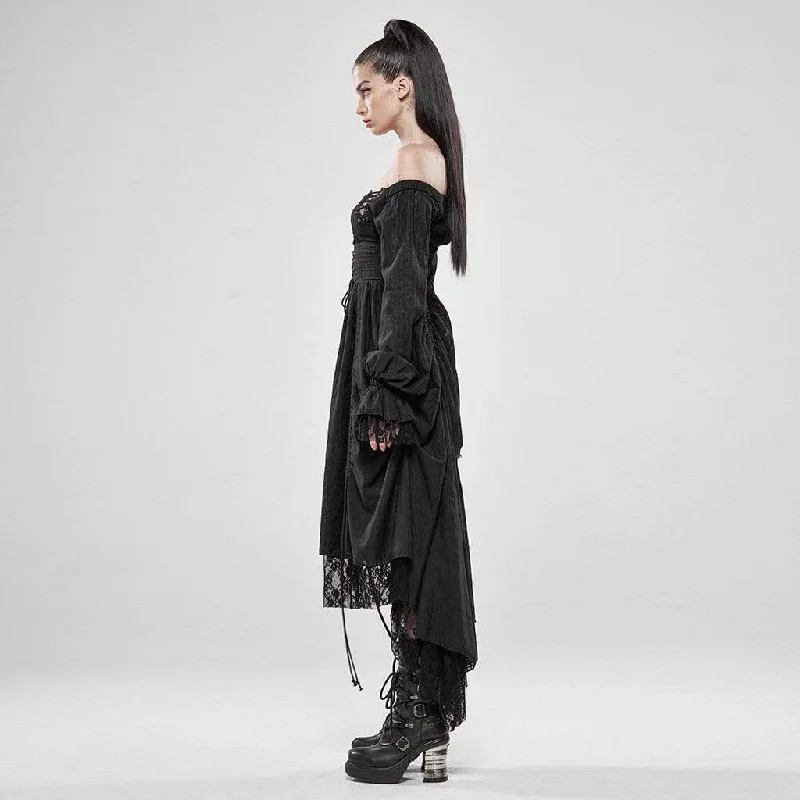 Women's Goth Cold Shoulder Puff Sleeved Little Dresses With Mesh Ruffles