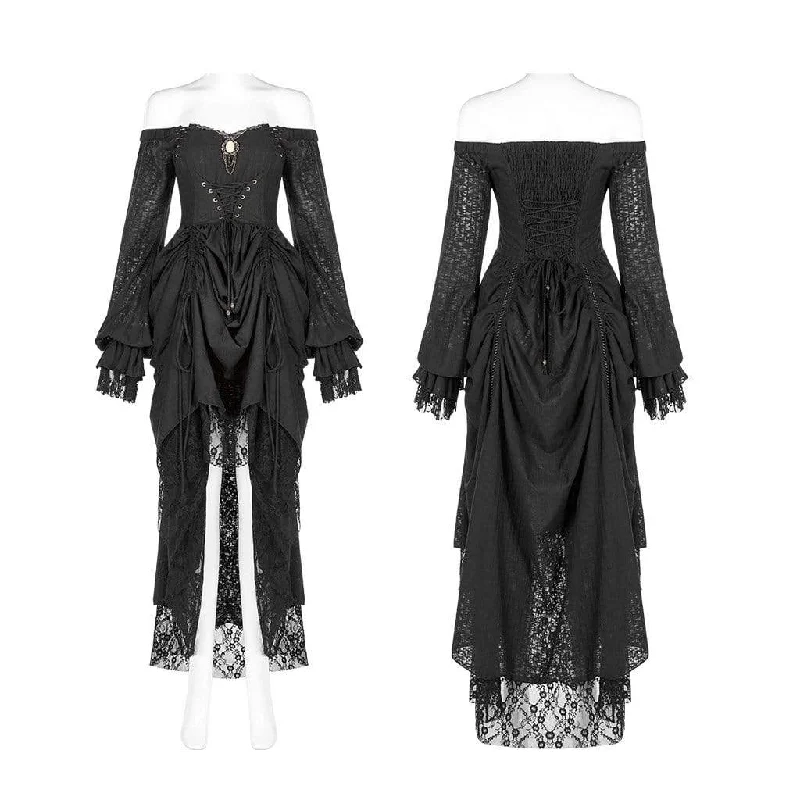 Women's Goth Cold Shoulder Puff Sleeved Little Dresses With Mesh Ruffles