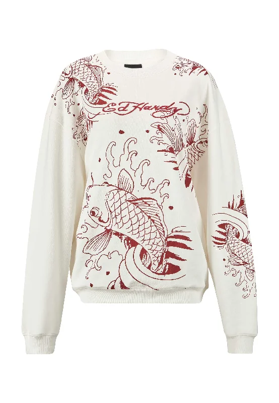 Womens Koi River Relaxed Crew Neck Sweatshirt - White