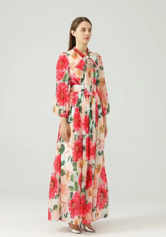 FashionSierra - Lace Up Bow Collar Long Sleeves Floral Printed Maxi Dress