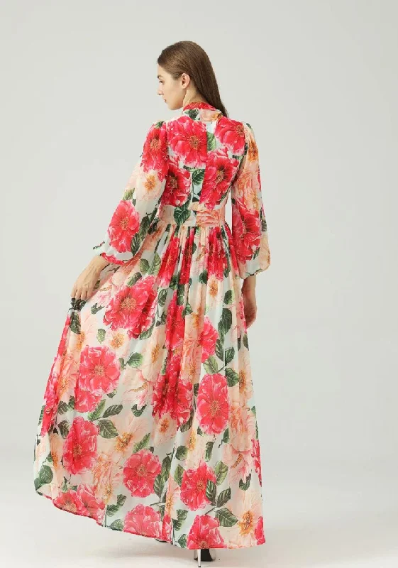 FashionSierra - Lace Up Bow Collar Long Sleeves Floral Printed Maxi Dress