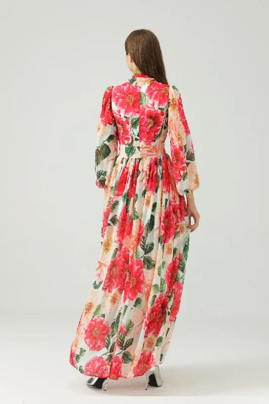 FashionSierra - Lace Up Bow Collar Long Sleeves Floral Printed Maxi Dress