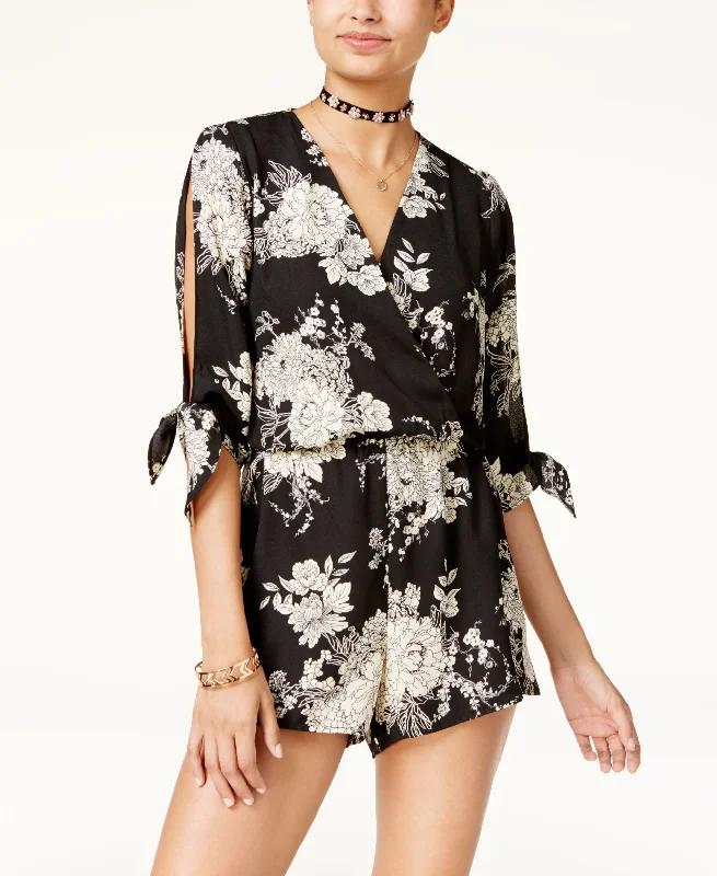 Be Bop Juniors Printed Lace Trim Split Sleeve Romper Printed Satin Romper Luxe