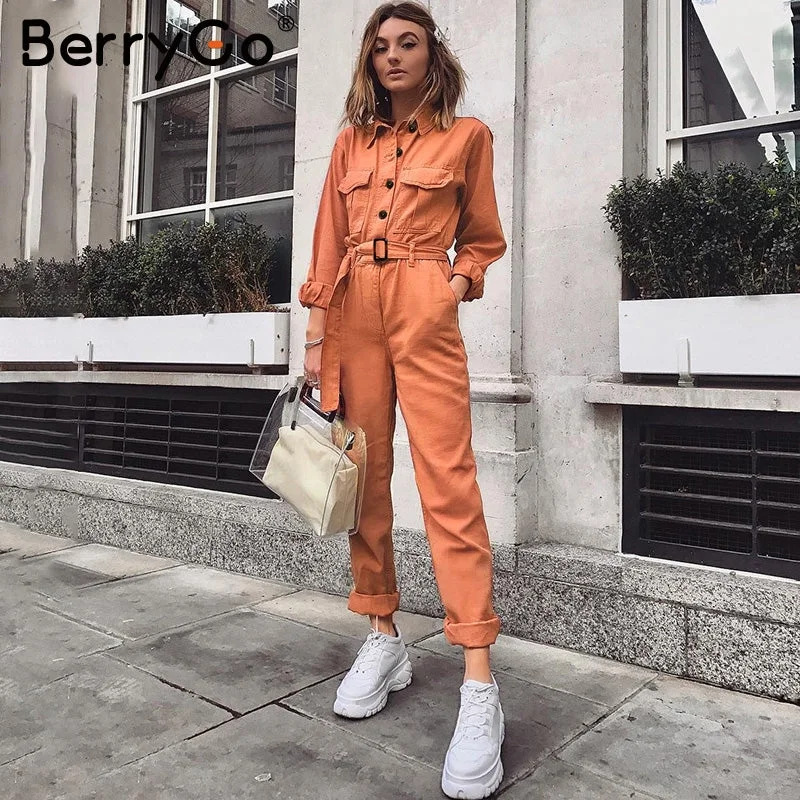 BerryGo Casual cargo cotton female jumpsuits Orange sash pocket sport womens jumpsuit romper Chic autumn winter ladies overalls Women’s sexy white romper