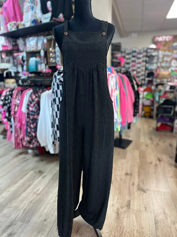 "Black Textured Knit" Wide-Leg Overall Romper Pearl Detail Romper Chic