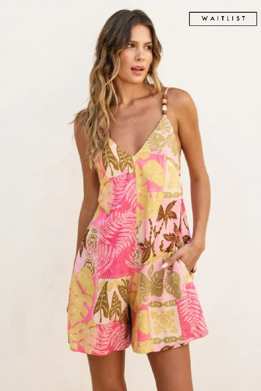 Waitlist 2/5 ♥ Brittany Sleevless Back Tie Tropical Patch Print Romper Pink Fashionable romper for women