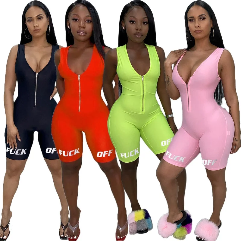 Womens Sleeveless Fu*k OFF Romper Bodysuits Outfit Cozy Knit Romper Loungewear