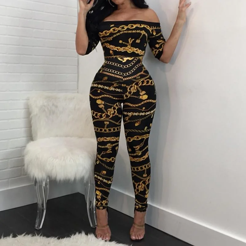 Chain Vintage Print High Waist Off Shoulder Jumpsuit Romper Casual chic rompers women