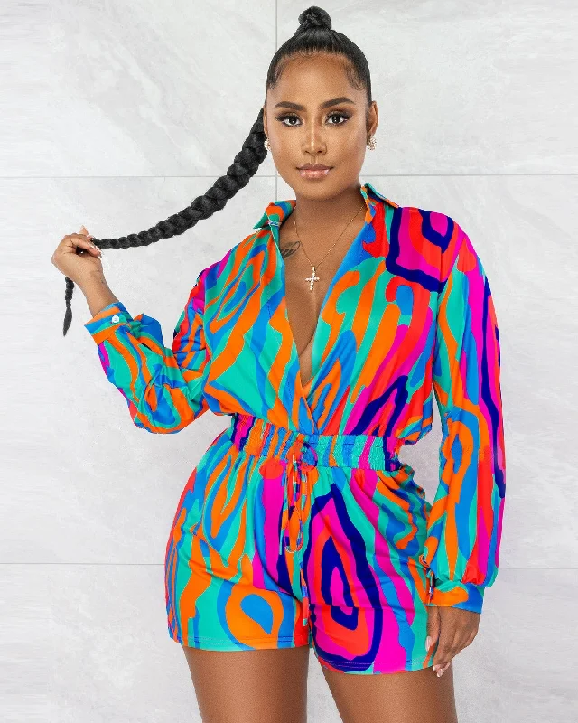 Women's One Piece Summer Jumpsuit and Rompers Tie Dye Black Hole Wrap Lapel Collar Long Sleeve Shirt Style Romper 2023 Cozy Lounge Romper Warm