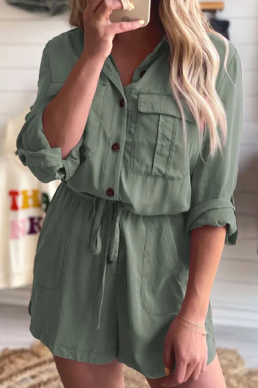 Collared Neck Drawstring Roll-Tab Sleeve Romper Embroidered Boho Romper Stylish