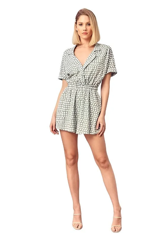 Collared Overlap Polka Dot Romper Gathered Waist Romper Feminine