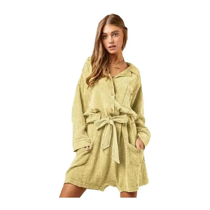 Davi & Dani Pocket Shirt Romper Cutout Waist Romper Sexy