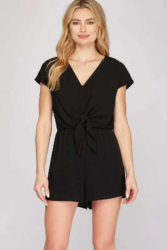 Drop Shoulder Woven Romper with Front Tie - MANY COLORS Denim Overall Romper Trendy