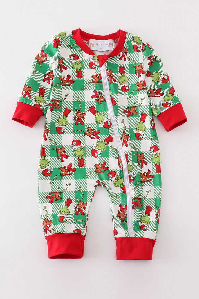 Green Grinch Print Plaid Zipper Romper Tulle Overlay Romper Unique