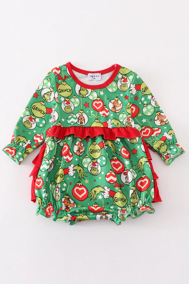 Green Grinch Print Ruffle Bubble Romper Trendy jumpsuit romper women