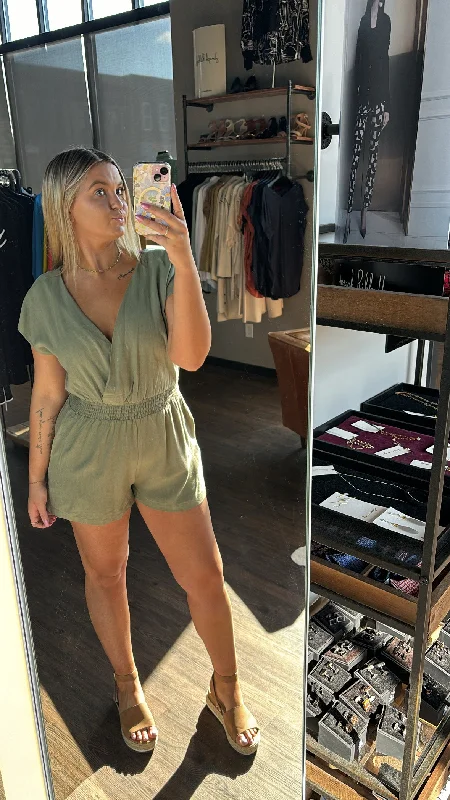 Hem & thread olive v-neck romper Geometric Print Romper Bold