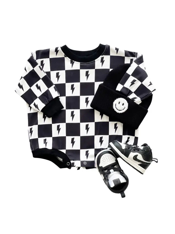 Lucky Panda Kids: Charcoal Bolts Bubble Romper Trendy Romper Jumpsuit Fashion