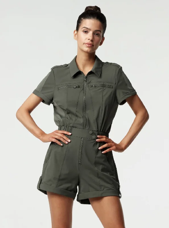 Mastermind Romper - Rifle Green Puff Shoulder Romper Glam