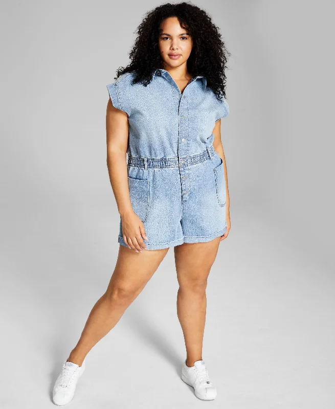 Now This Trendy Plus Size Denim Romper Printed jumpsuit romper women