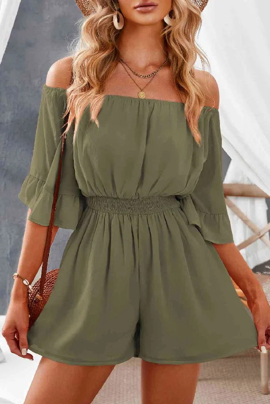 Off-Shoulder Smocked Waist Flounce Sleeve Romper Classic Navy Romper Chic