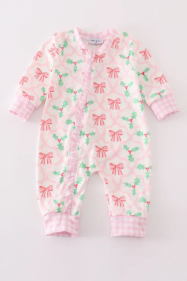 Pink Christmas Holly Bow Print Ruffle Zipper Romper Sporty Zip-Up Romper Trend