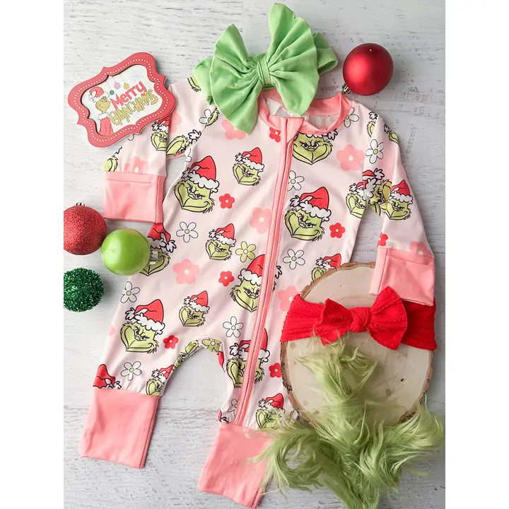 Pink Grinchmas Zipper Romper Sexy off-shoulder romper