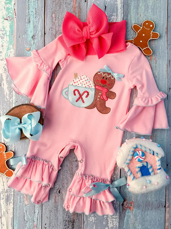 Pink Hot Cocoa & Gingerbread Ruffle Romper Smart Casual Romper Versatile