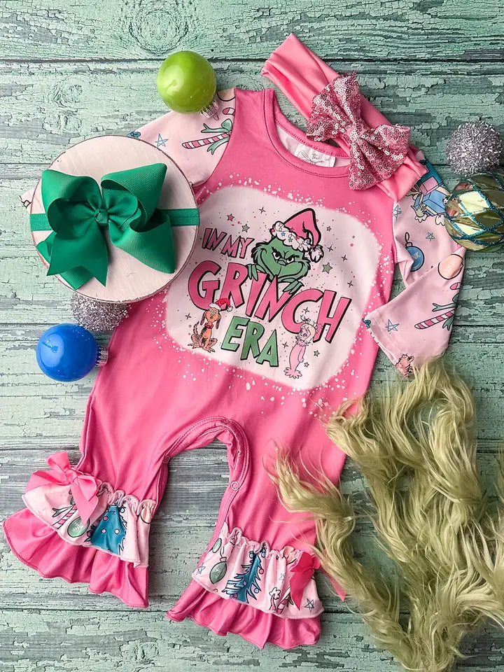 Pink In My Grinch Era Ruffle Romper Watercolor Print Romper Artful