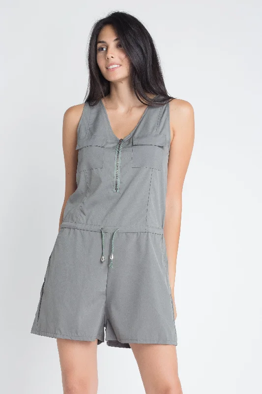 Plain Women's Olive Zip Front Sleeveless Romper with Tie Strings Wide Strap Romper Comfy