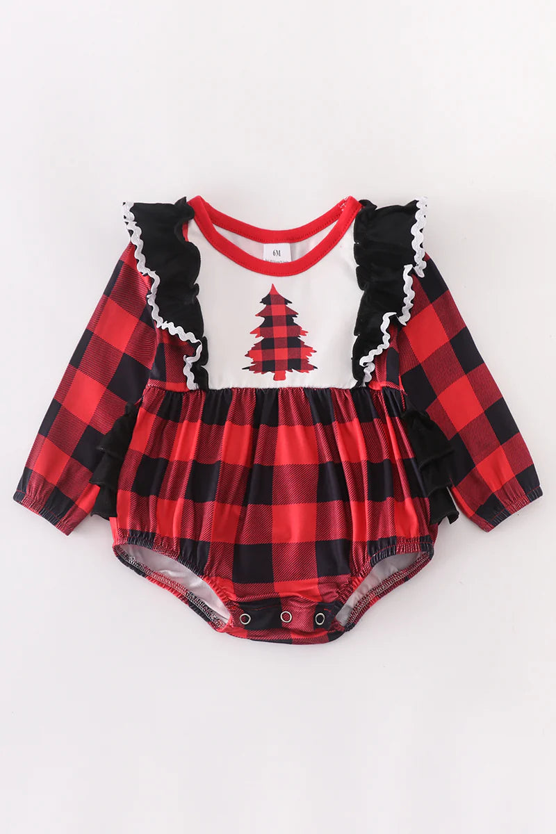 Red Buffalo Plaid Tree Baby Romper Tied Waist Romper Flattering