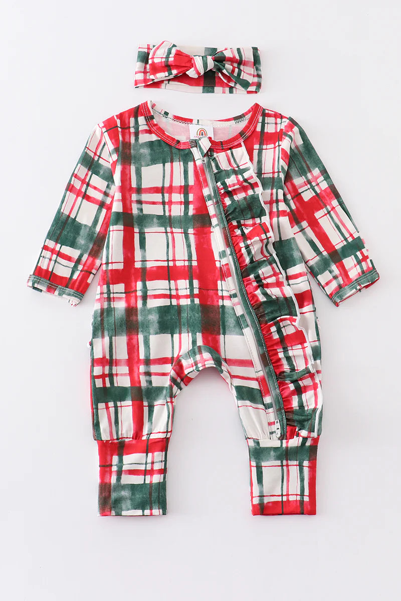 Red/Green Plaid Bamboo Zipper Romper w/Headwrap Luxe Velvet Romper Winter