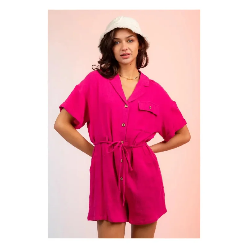 Romper Button Down Gauze Pink Sweetheart Neckline Romper Cute