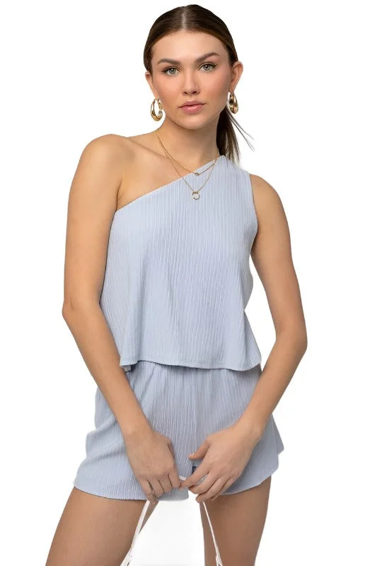 Sleeveless One Shoulder Layered Top Romper Bold Hue Romper Fashion