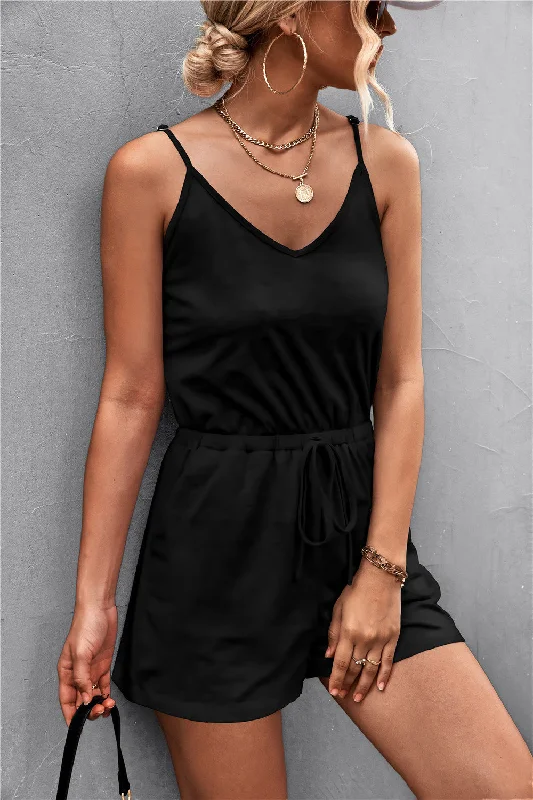 Spaghetti Strap V-Neck Pocket Romper Scalloped Edge Romper Trendy