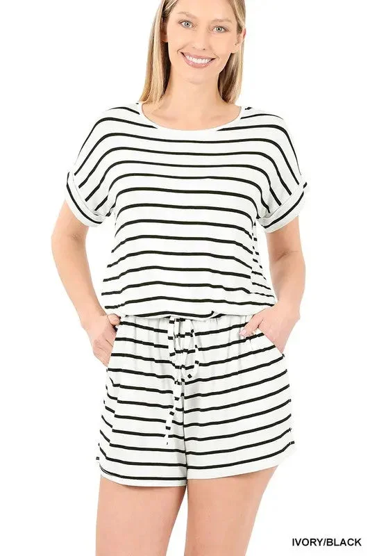 Stripe Casual Romper with Pockets High-Low Romper Unique