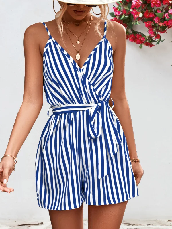 Striped Tie Waist Spaghetti Strap Romper Stylish Metallic Romper Trendy