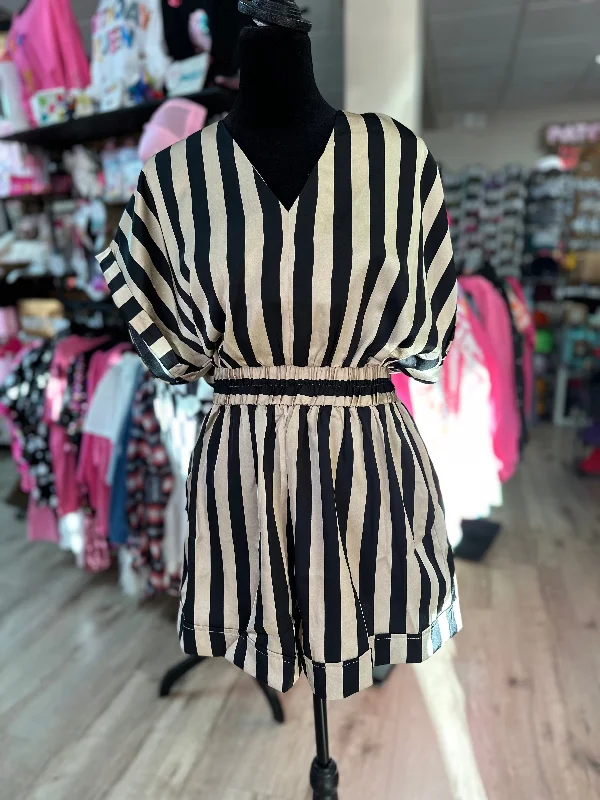 "Taupe & Black Striped" Silky Elastic Waistband Romper Asymmetrical Cut Romper Fashion