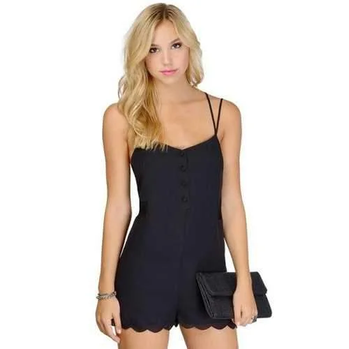 Sexy Style Spaghetti Strap Solid Color Lace Splicing Backless Sleeveless Romper For Women - Black S Breezy Beach Romper Summer