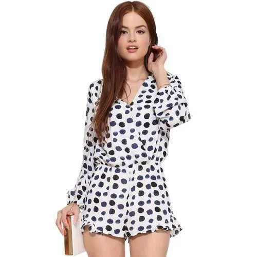 Fashionable V-Neck Polka Dot Print Flounce Splicing Long Sleeve Romper For Women - Blue Xs Cinched Waist Romper Stylish